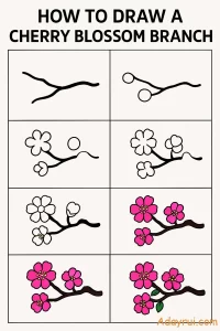 Từng bước vẽ một cành hoa đào đơn giản bằng nét vẽ cơ bản và màu sắc tươi sáng.