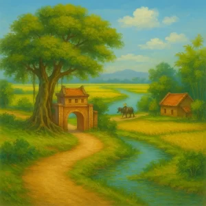 Tranh vẽ phong cảnh làng quê Việt Nam với hình ảnh cây đa, cổng làng cổ, dòng sông uốn lượn và người nông dân dắt trâu đi qua ruộng lúa chín vàng.