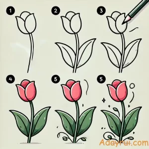 Tranh hướng dẫn vẽ hoa tulip đơn giản nhất với 5 bước minh họa bằng màu dễ hiểu cho người mới bắt đầu.