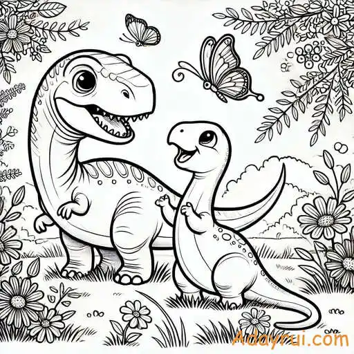 Tranh tô màu khủng long – Giúp bé khám phá thế giới cổ đại 1 Hai chú khủng long chibi vui đùa dưới tán cây với bướm bay xung quanh.