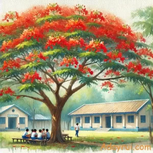 Cách vẽ cây hoa phượng – Hướng dẫn từng bước cho người yêu hội họa 43 Bức tranh sơn dầu vẽ cây hoa phượng già rợp bóng trong sân trường, gợi nhớ đến tuổi học trò và những mùa hè kỷ niệm.