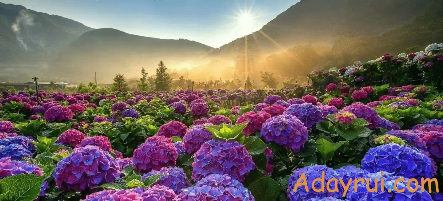 Cánh đồng hoa cẩm tú cầu ở Đà Lạt khoe sắc rực rỡ dưới ánh nắng bình minh.