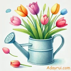Tranh tulip màu nước trong bình tưới cây dễ thương – phối màu pastel nổi bật, phù hợp cho vẽ minh họa hoặc thiết kế bìa.
