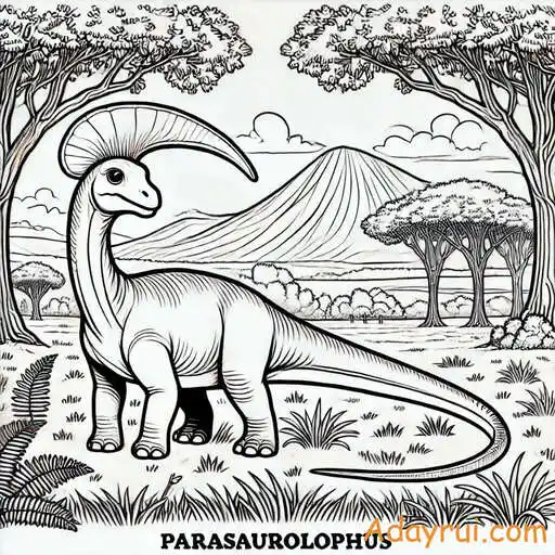 Tranh tô màu khủng long – Giúp bé khám phá thế giới cổ đại 7 Khủng long Parasaurolophus trong phong cảnh cổ xưa mang nét đẹp cổ điển.