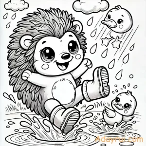 Tranh tô màu con nhím: Bộ sưu tập dễ thương cho bé yêu thỏa sức sáng tạo 57 Tranh tô màu con nhím đáng yêu đang nhảy dưới mưa cùng vịt con – giúp bé phát triển cảm xúc tích cực khi tô màu.
