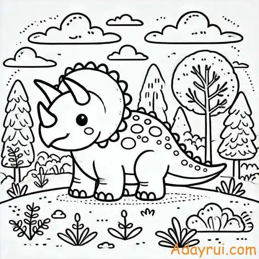 Tranh tô màu khủng long – Giúp bé khám phá thế giới cổ đại 2 Tranh tô màu khủng long ba sừng Triceratops đứng giữa khung cảnh rừng rậm đáng yêu.