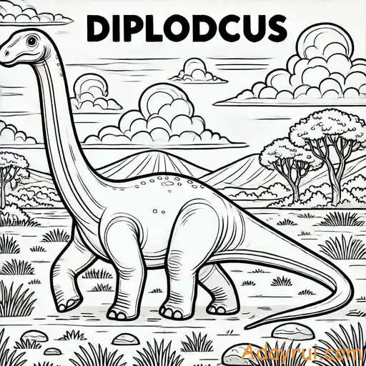 Tranh tô màu khủng long – Giúp bé khám phá thế giới cổ đại 6 Khủng long cổ dài Diplodocus giữa thảo nguyên, tranh nét viền chi tiết dễ tô.