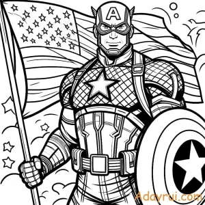 Tải Ngay Bộ Tranh Tô Màu Captain America Miễn Phí Cho Bé 27 Captain America oai phong cầm quốc kỳ Mỹ và chiếc khiên biểu tượng.