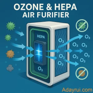 Minh họa máy lọc không khí ozone kết hợp HEPA cho hiệu quả khử khuẩn và lọc bụi tối ưu.