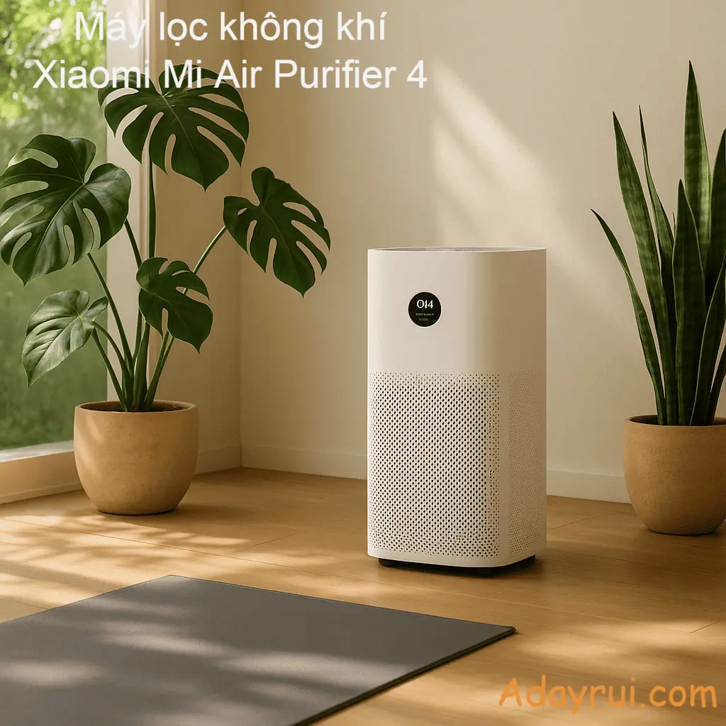 Máy lọc không khí Xiaomi Mi Air Purifier 4 trong không gian nhiều cây xanh, gần cửa sổ thoáng mát.