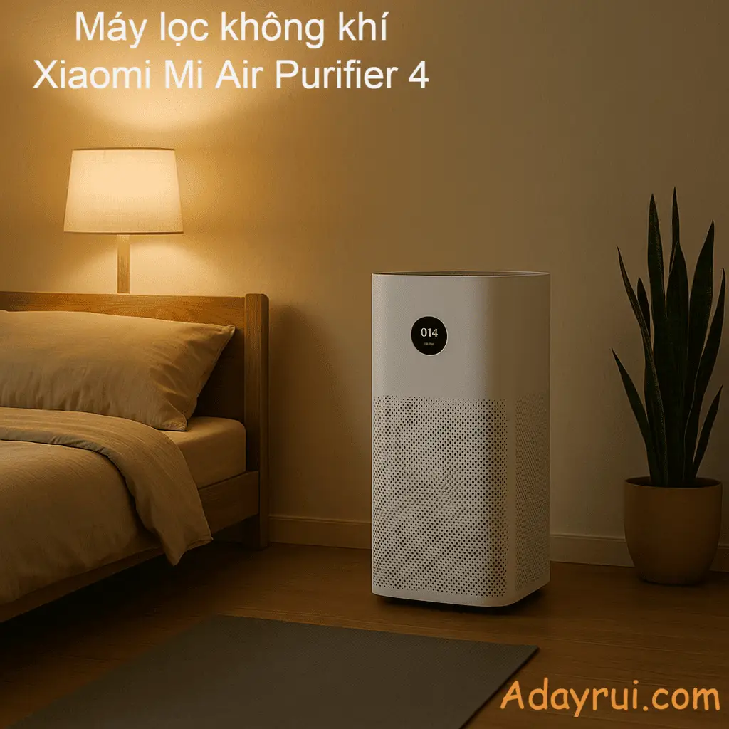Máy lọc không khí hoạt động yên tĩnh trong phòng ngủ vào buổi tối, cạnh giường và đèn ngủ.