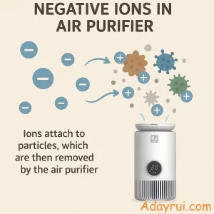 Mô phỏng hoạt động của ion âm trong máy lọc không khí – các ion âm bám vào hạt bụi và vi khuẩn để loại bỏ khỏi không khí.
