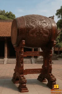Trống Đình Chùa – Âm Thanh Linh Thiêng Gắn Liền Với Văn Hóa Tín Ngưỡng Việt 6 Trống đình chùa gỗ chạm khắc rồng phượng tinh xảo, đặt trong sân chùa cổ kính.